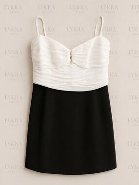 French Connection Black & White Ruched Contrast Dress Size 8 Elegant Sleeveless